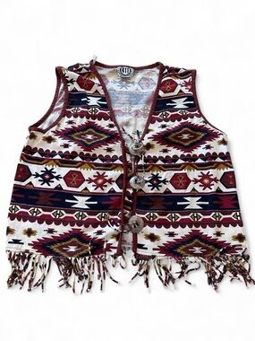 Vintage 411 Sportswear Western Aztec Print Fringe Vest W/ Silver Buttons - Large